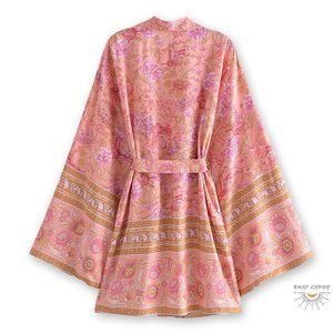 Whimsical Pink Butterfly Floral Blossom Boho Kimono Robe